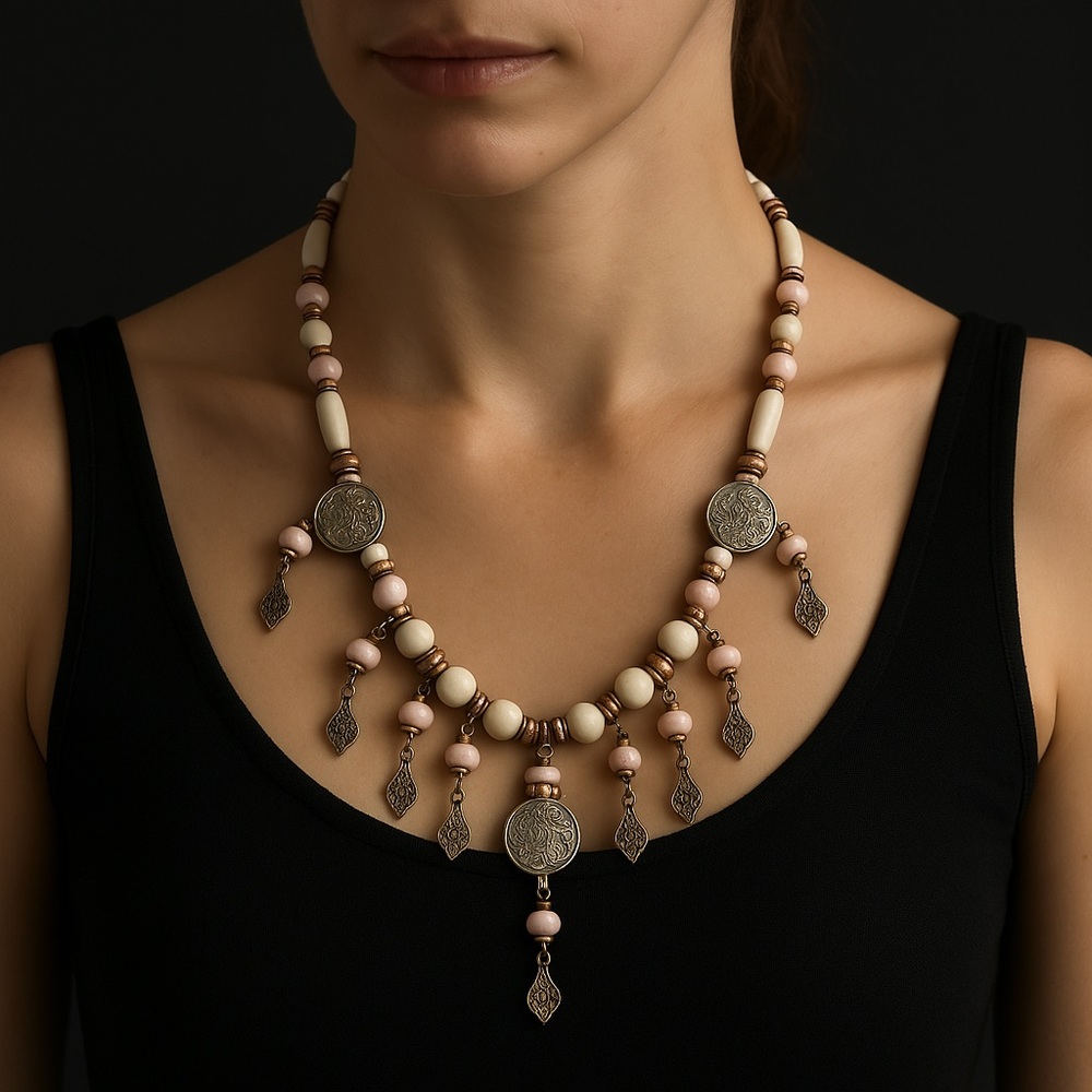 Statement Dangle Bead Necklace 27” long Pink White Goldtone